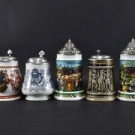 e73v71- 7x Steingut Glas, Keramik,Porzellan und Glas Bierkrug mit Zinndeckel