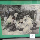 1/ Rare grand tableau en soie tissée encadrée UNE FAMILLE HEUREUSE signé NF
